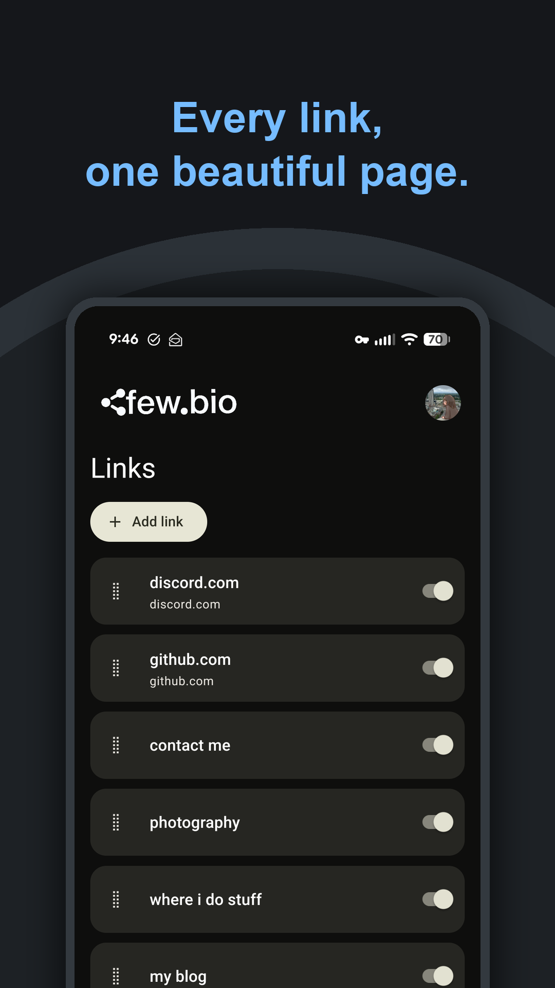 Every link, one beautiful page: the app’s link editor with links to Discord, GitHub, and more